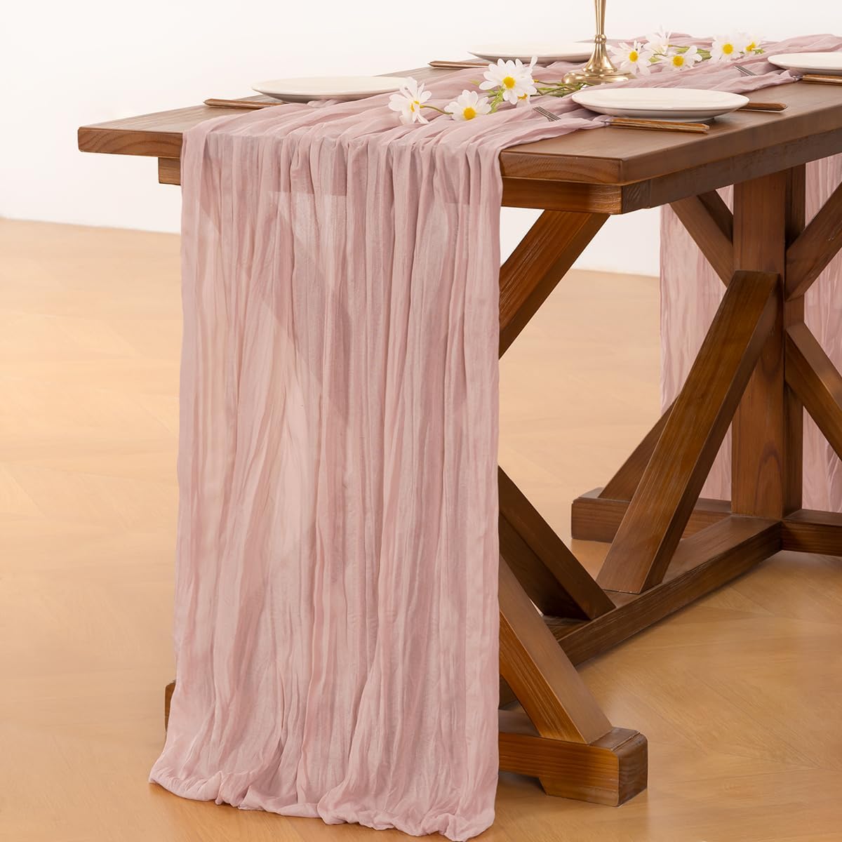 Socomi 6-Piece Pink Cheesecloth Table Runner Set - Rustic Boho 120-Inch for Weddings & Events