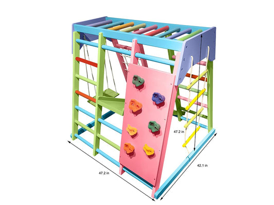 Avenlur Magnolia Indoor Playground 7-in-1 Jungle Gym Playset for Kids 2-6yrs - Slide, Climbing Wall, Rope Wall Climber, Monkey Bars, Swing - Waldorf and Montessori Style Wooden Climb Set.