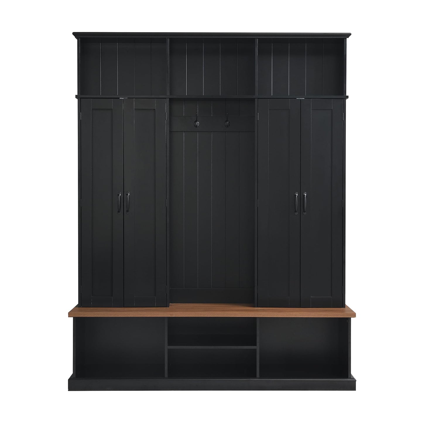 Merax 62.2''W Entryway Hall Tree with Bench, 3 Top Cubbies & Bottom Storage Space, Farmhouse Coat Rack with Hooks & Cabinets for Entryway, Hallway, Mudroom, Living Room