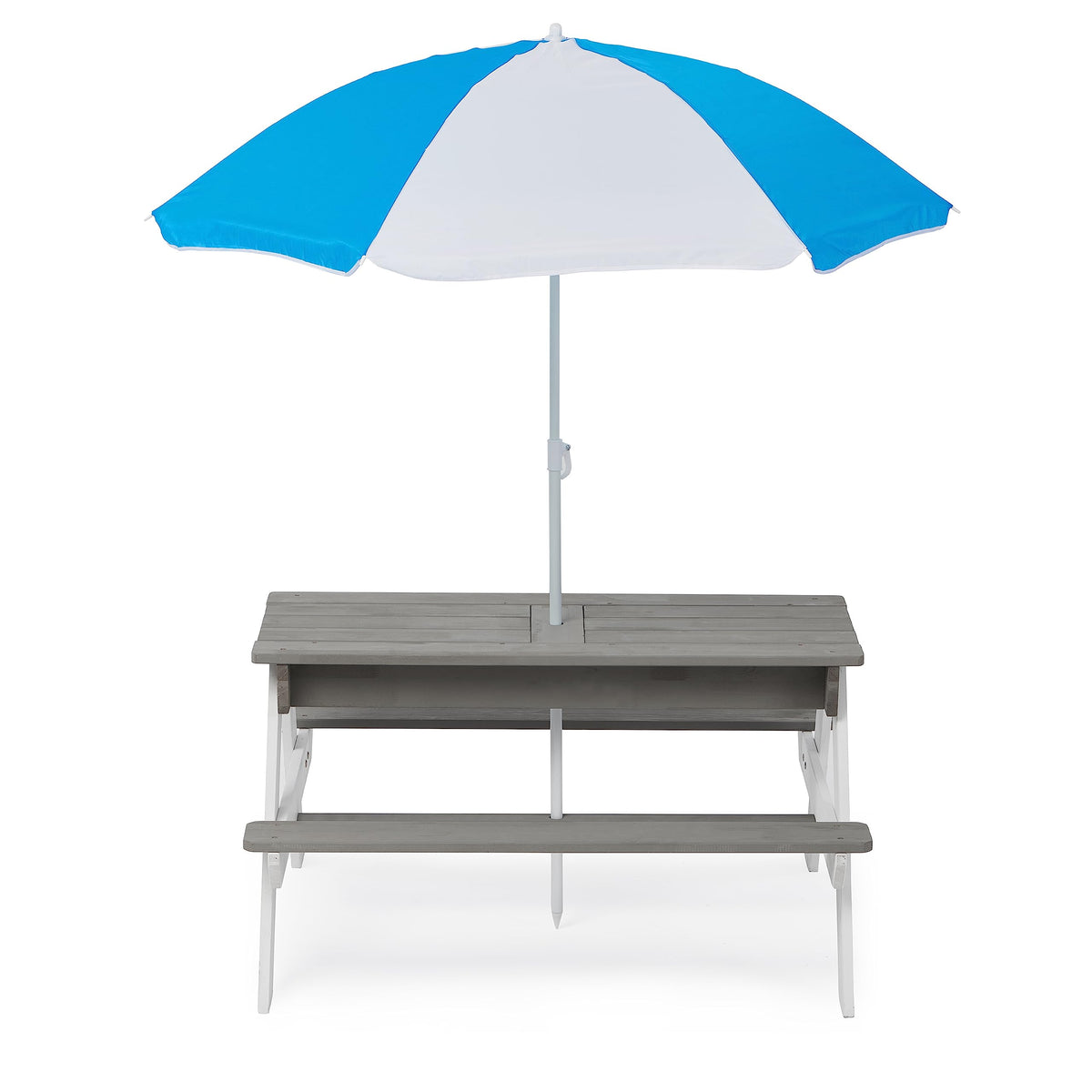 3 in 1 Outdoor Wooden Picnic Table with Umbrella, Convertible Sand Wate, Gray CPSIA Certification