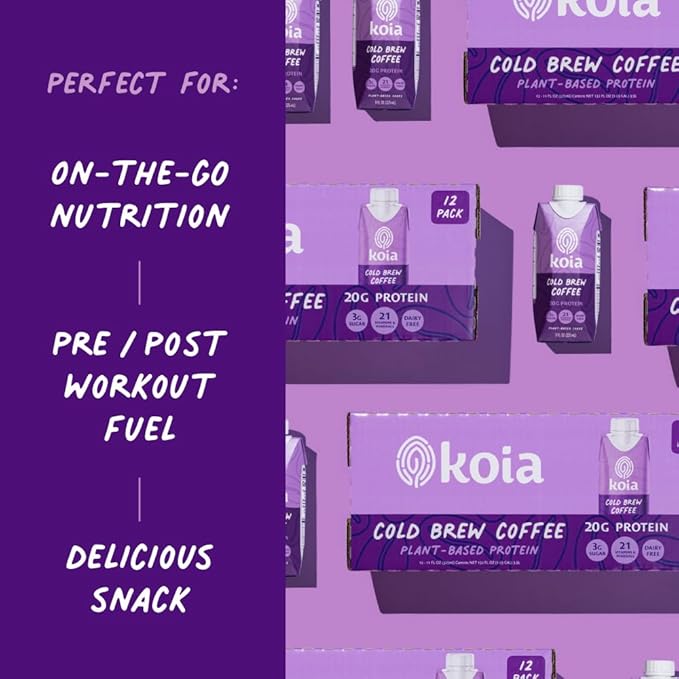 Koia Plant Based Protein Shake, Cold Brew Coffee, 20g Protein, 3g Sugar, 6g Prebiotic Fiber, 21 Vitamins & Minerals, Meal Replacement Drinks, Dairy-Free, Gluten-Free, Non-GMO, 11 Fl Oz (Pack of 12)