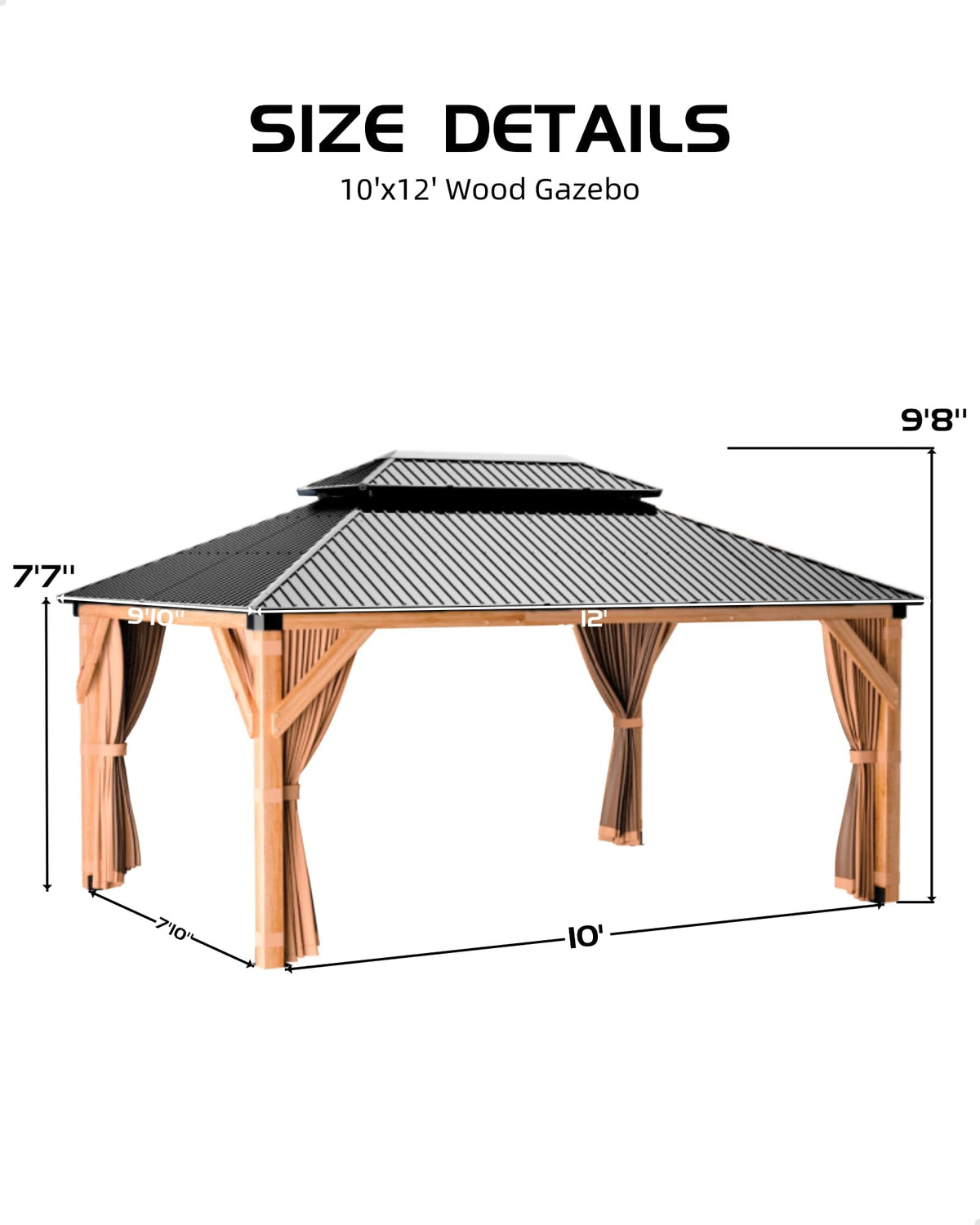 IDEALHOUSE 10x12 FT Outdoor Hardtop Wood Gazebo with Cedar Frame, Double Galvanized Steel Roof, Patio Pavilion with Curtains, Mesh Netting & Ceiling Hook for Backyard, Deck, Lawn, Garden
