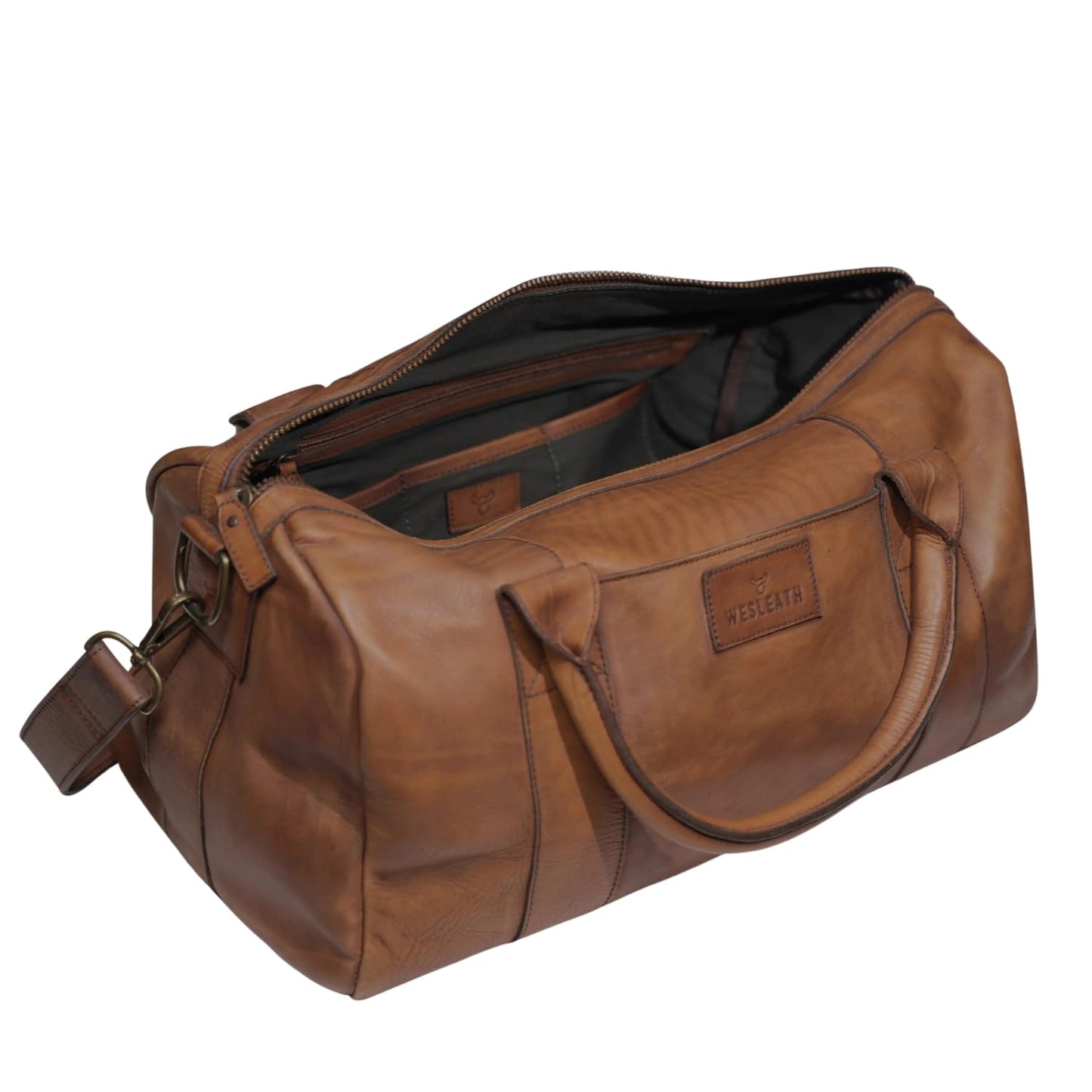 Full Grain Leather Duffle Bag – 40L Travel, Gym & Carry-On Weekender for Men | Handcrafted Overnight Bag with Brass Hardware, Vintage Style