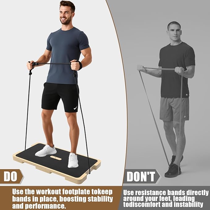 2-in-1 Wood Fitness Board, Resistance Band Workout Footplate and Professional Wooden Balance Board, Exercise Platform with Non-Slip Surface for Stretching, Strength, Flexibility and Balance for Total Body Home Gym