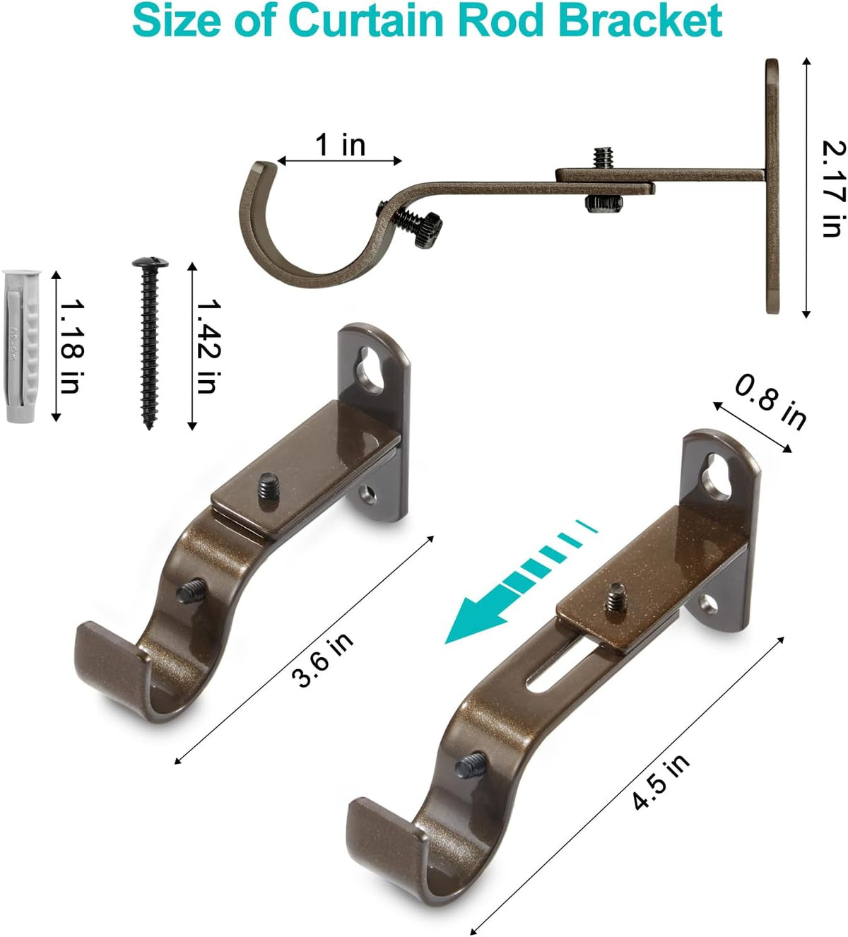 Skiennix Adjustable Curtain Rod Brackets - Durable Metal Drapery Rod Holders for 1-Inch Rods | Brown, Set of 2