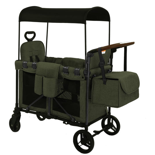 Wagon Stroller for 2 Kids, Foldable All-Terrain Wagon for Kids with Canopy, Adjustable Push and Pull Handles,Convertible High Seat & Organizer, 5 Point Harness