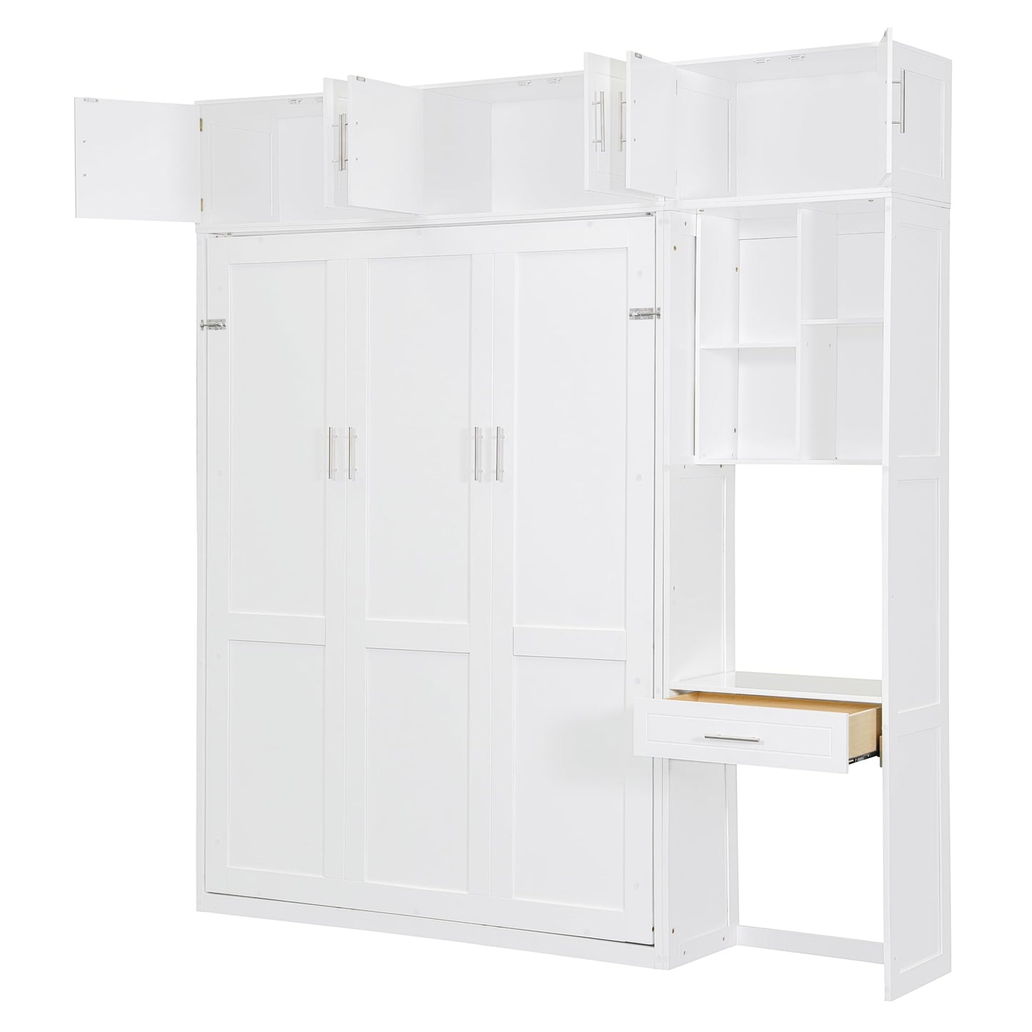 Merax Full Size Wall Murphy Bed with Desk, Top Cabinet and Storage Shelves, Space Saving Foldable Bed, Wooden Bed Frame