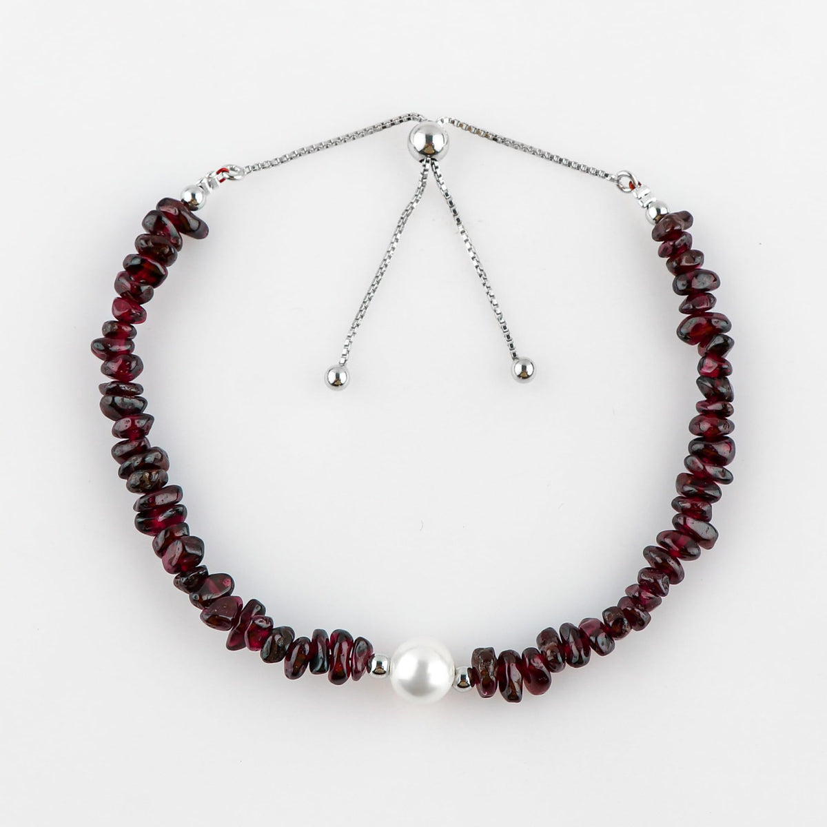 CRYSTALIS Natural Rhodolite-Garnet Beads Slider Bolo Bracelet with Elegant Pearl, Uncut Chips Nuggets Crystals, Chakra Healing Gemstone, Women Jewelry, 925 Sterling Silver Slider 10 inch