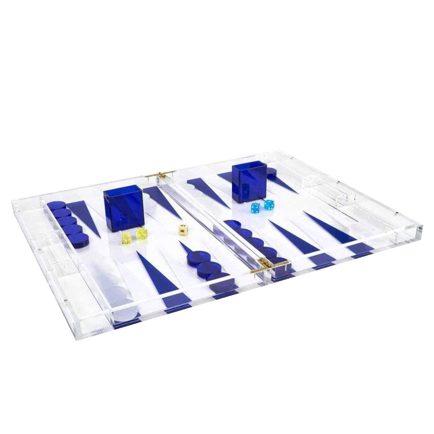 TIZO Elegant 18” Lucite Backgammon Set, Lucite Chips & Cups with Magnetic Closure, Elegant & Practical Boutique Quality Home Décor, Clear, Blue & White