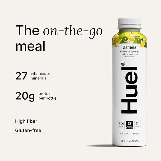 Huel Ready-to-Drink | Banana Meal Replacement Drink | High Protein Drink | Nutritionally Complete, Low Sugar, High Fiber, Plant Based, Vegan, Healthy | 20g Protein Per Bottle, 16.9 Fl Oz (12 Pack)