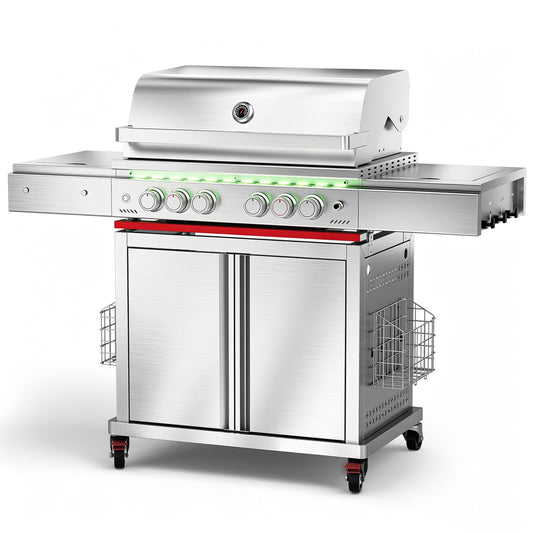 Electactic Heavy-duty Propane Gas Grill, SUS304 Stainless Steel 6-Burner BBQ Grill with 4 Main Burners, 1 Infrared Rear Burner, 1 Side Burner and LED Lights, High Performance Outdoor Grilling