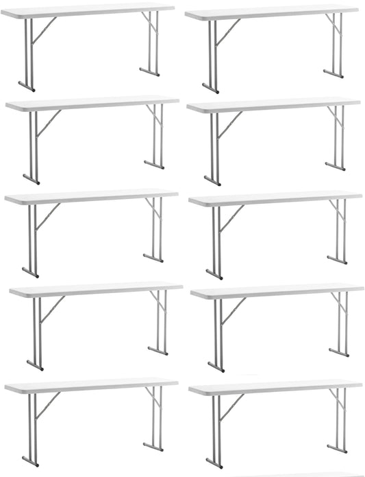 BTEXPERT 6-Foot - 72" Long White Plastic Folding Seminar Training Table Portable 18" Wide Narrow, 29" High, Events Indoor Outdoor Lightweight Set of 10