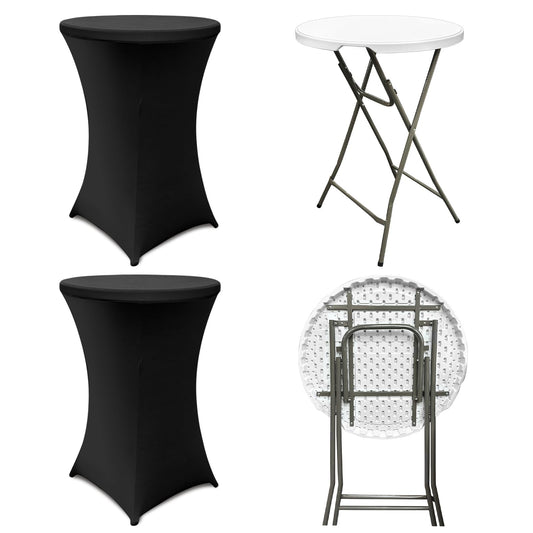 Sowhatsowoo 2 Sets 32" High Top Round Folding Cocktail Tables White Bar Height with Removable Legs & 32"x43" Spandex Stretch Black Table Covers Hightop Table for Outdoor Indoor Wedding Parties