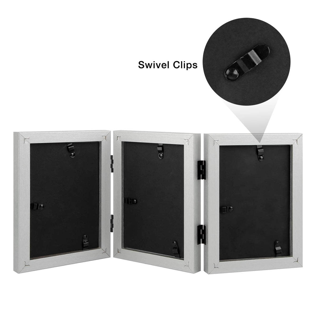 Frametory, 5x7 Triple Picture Frames 3 Photo Frames Collage - Real Glass - Engineered Wood Triple Folding Frame - Tabletop Vertical Display (Silver, 1 Pack)