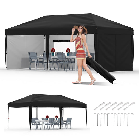 GarveeLife 10x20 Pop Up Canopy with 4 Sidewalls - Heavy Duty Outdoor Canopy Tent with Portable Roller Bag - 3 Adjustable Height, 4 Weight Bags, 8 Stakes & 6 Guy Ropes Included, Black