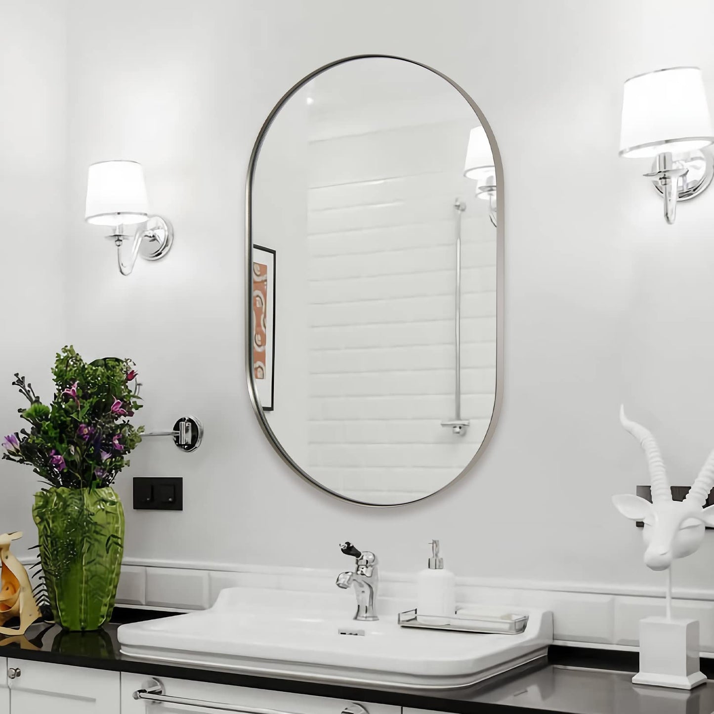 ANDY STAR Chrome Oval Mirror 26x38’’ Pill-Shaped Mirror Chrome Metal Framed for Bathroom Vanity in 1 Inch Stainless Steel Meatl Frame Anti-Rust Wall-Mounted Vertically/Horizontally