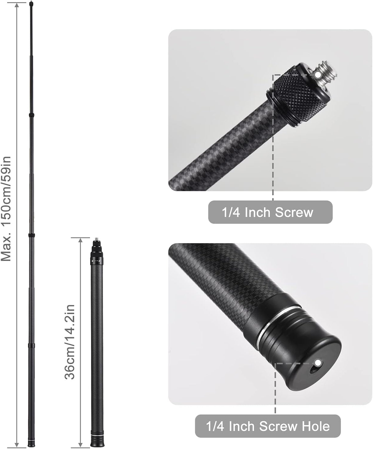 Andoer 1/4 Inch 36cm-150cm/14.2in-59in X2/ X3 Portable Selfie Stick Carbon Fiber Stand Camera Bracket Screw Mount