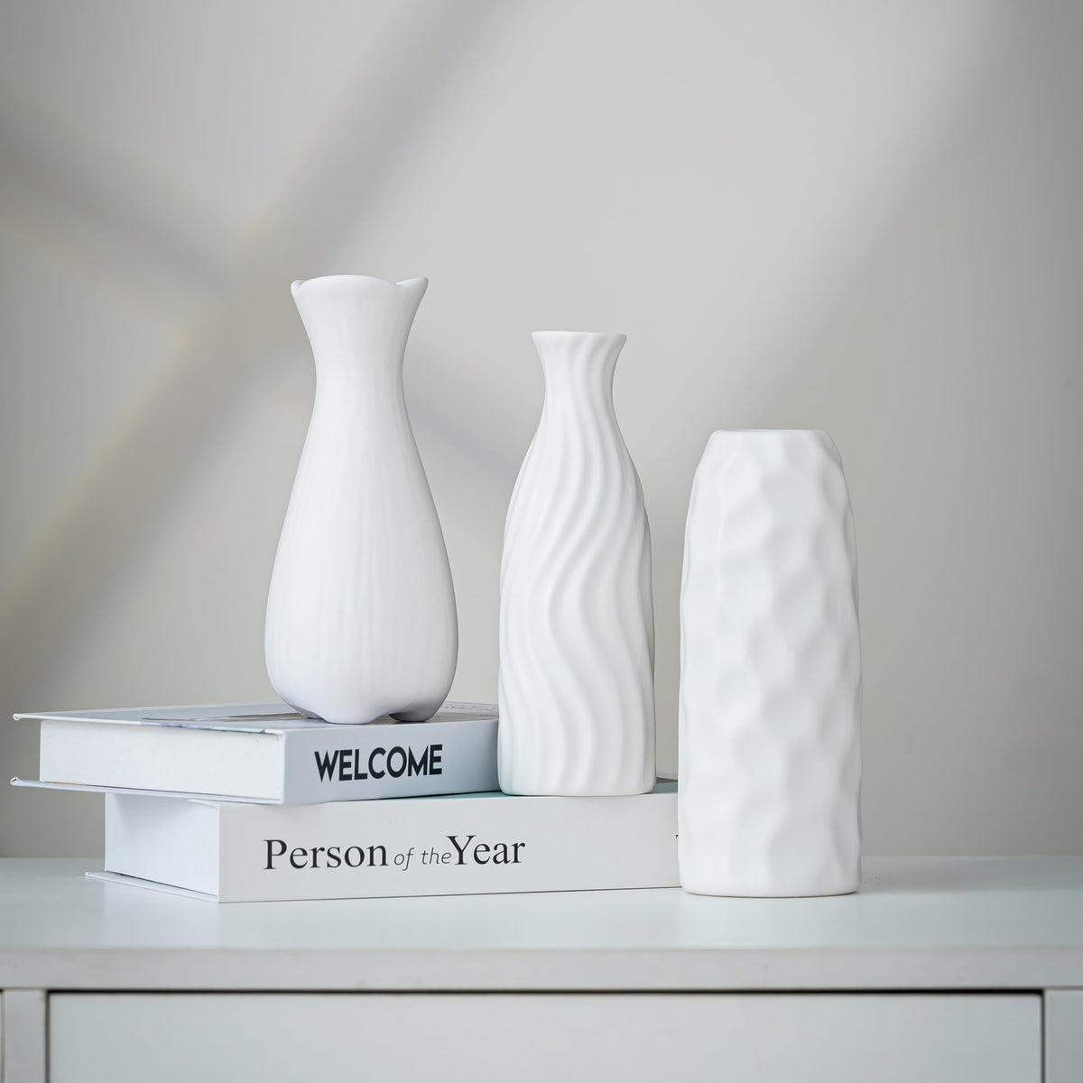 JKT Home White Ceramic Vase Set Home Decor – Farmhouse & Boho Decorative Vase Set for Kitchen, Living Room, Bedroom, Office, Bookshelf Decor, Bathroom, Centerpiece Table Decor