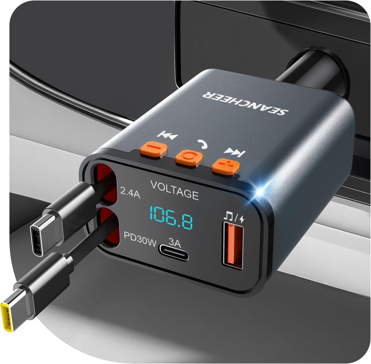 SEANCHEER 69W 2 5.3 MP3 Car Bluetooth Adapter & Car Charger USB C, Cigarette Lighter Adapter with Retractable Cables