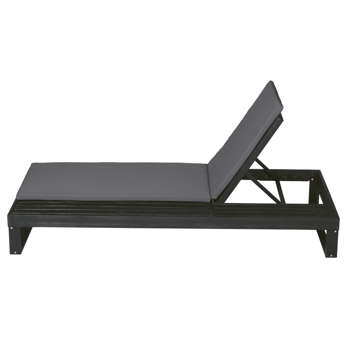 Merax Black Acacia Wood Chaise Lounge with 1.57-Inch Dark Gray 2-Fold Cushion Set, 4-Position Adjustable with Flat Side Surface, for Poolside