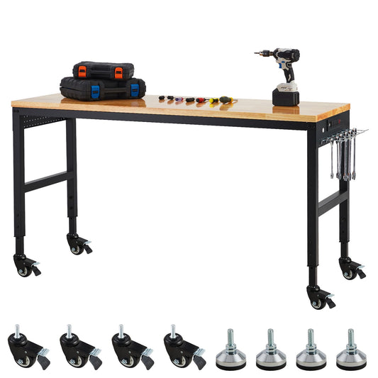ExploreHorizon Workbench Adjustable 75' x 25', 29.5"-38.4" Heights Garage Worktable with Universal Wheels Power Outlet, Heavy-Duty Table for Workshop Office Home Commercial, 2000 Lbs Load Capacity