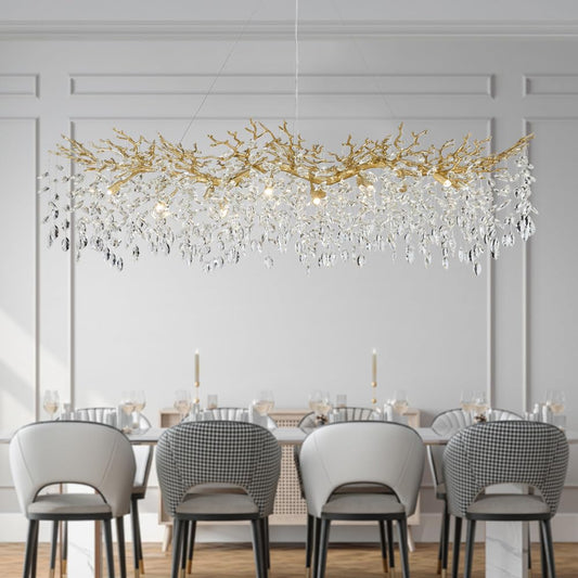 TMAFON Modern Gold Crystal Chandeliers Chandeliers - L63 inch Rectangular Golden Tree Branches Ceiling Pendant Light Fixtures, Luxury K9 Raindrop for Dining Room