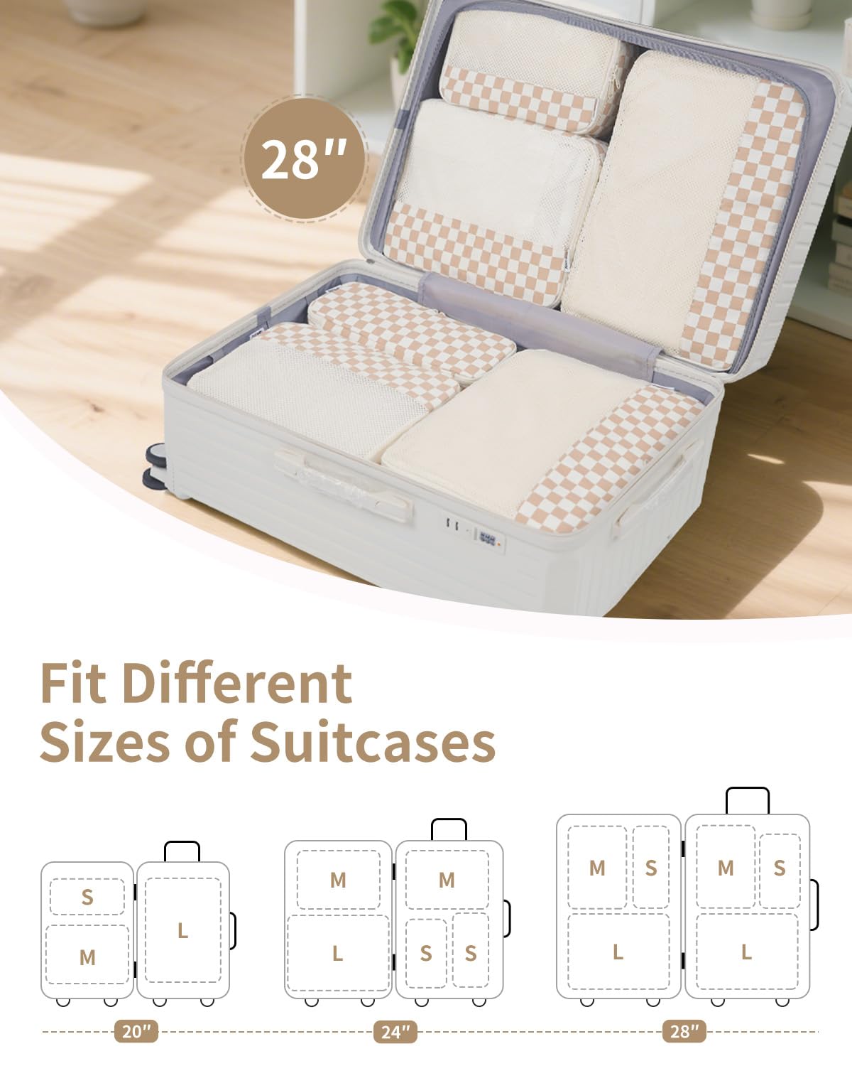 Narwey 7 Set Checkered Packing Cubes for Travel Carry on Suitcase Luggage Organizer Bags for Kids Women Men, Durable Packing Organizers Bag, Travel Essentials Accessories (Light Checkerboard)