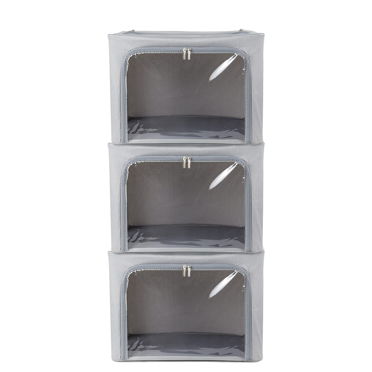 Stackable Clothes Storage Box for Clothing Gadgets,Steel Frame Storage Bins for Toys Gift,Foldable Oxford Fabric Closet Organizer Bag Set w/ Carry Handles Clear Window (Medium- 40L x3 Pack, Grey)