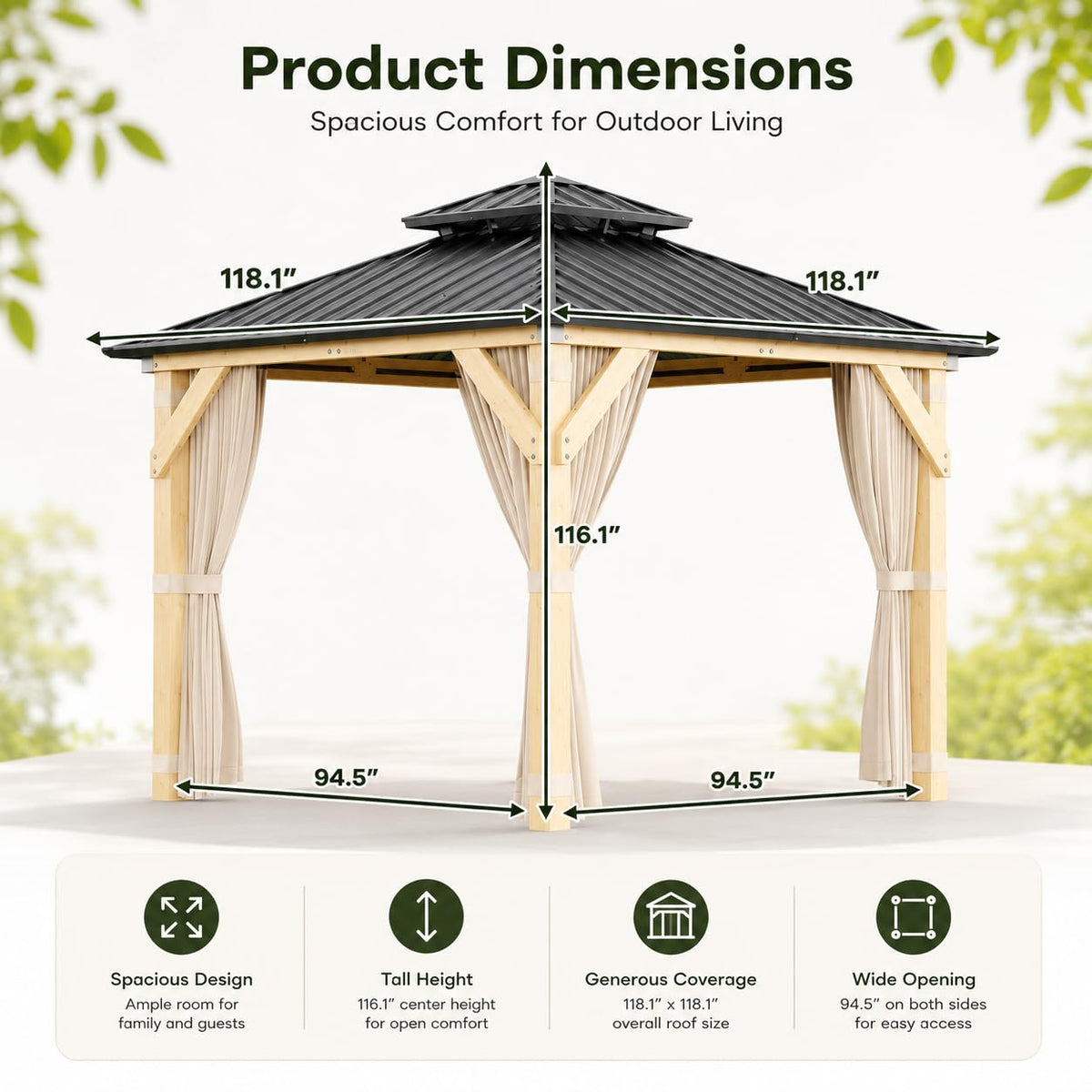 10x10 FT Hardtop Gazebo Outdoor Wooden Pavilion with Cedar Wood Frame Double Galvanized Steel Roof Netting and Curtains Heavy Duty Weather Resistant Patio Shelter for Garden Backyard Khaki