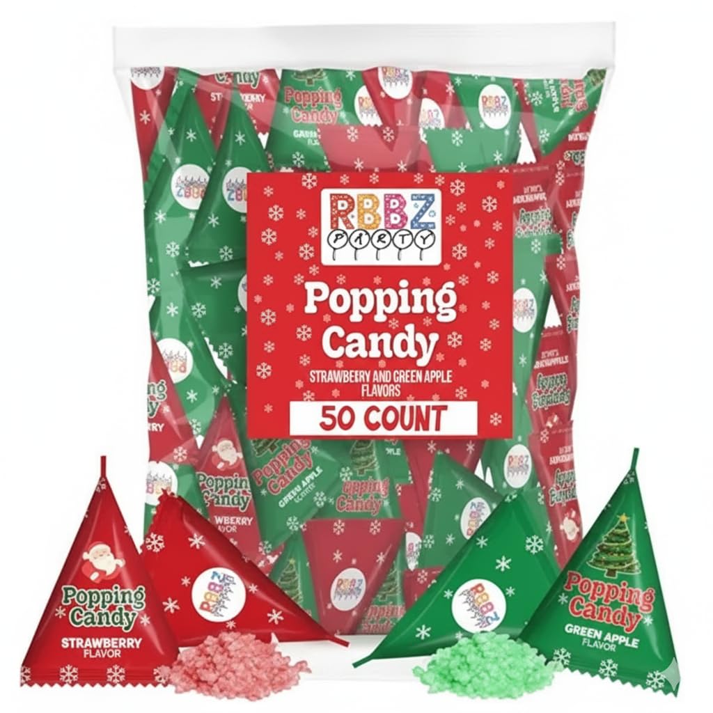 Christmas Popping Candy Bulk – 50 Pack Individually Wrapped Holiday Candy – Stocking Stuffers for Kids – Xmas Party Favors, Classroom, Holiday Goodie Bag Fillers, Kids Christmas Treats, and Birthday Parties