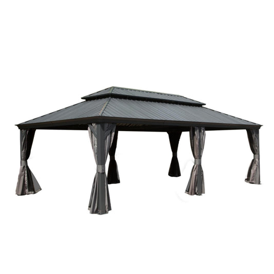 GOWE 14x24FT Hardtop Gazebo, Outdoor Gazebo with Galvanized Steel Double Roof, Aluminum Frame, Built-in Gutter System, Curtain and Netting, Metal Gazebo Pavilion for Patio Deck Garden, Grey