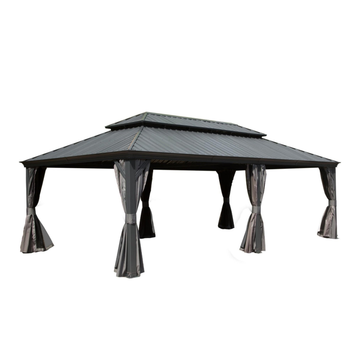 Ginkartu 14x24FT Hardtop Gazebo, Outdoor Gazebo with Galvanized Steel Double Roof, Aluminum Frame, Built-in Gutter System, Curtain and Netting, Metal Gazebo Pavilion for Patio Deck Garden, Grey
