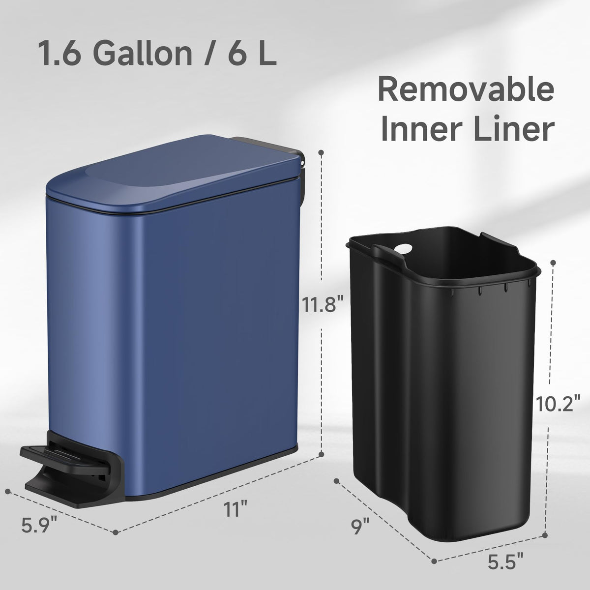 TIPGO Slim Bathroom Trash Can with Lid Soft Close, Step Pedal, 6 Liter / 1.6 Gallon Stainless Steel Trash Bin, Small Garbage Can for Bedroom, Office, Kitchen (Navy Blue)