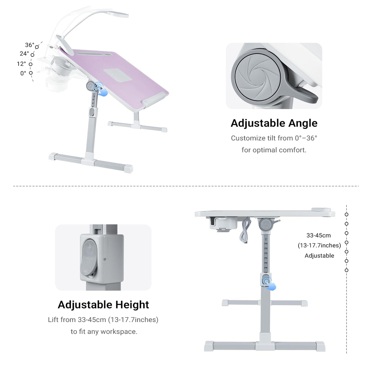 iXTRA Laptop Lap Desk with Cooling Fan - Adjustable Bed Desk with Light, Bed Table with Cup Holder&Phone Holder - Storage Drawer Desk - Folding Bed Desk,Purple,70x45cm