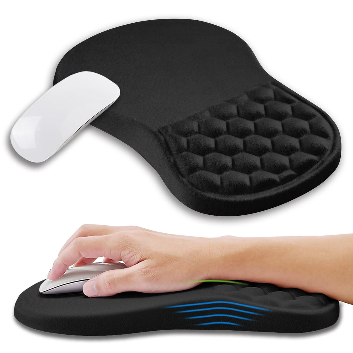 Kuosgm Ergonomic Mouse Pad Wrist Support with Memory Foam Massage Bulge, Carpal Tunnel Pain Relief Mousepad Wrist Rest for Mouse(12x8 inch, Black)