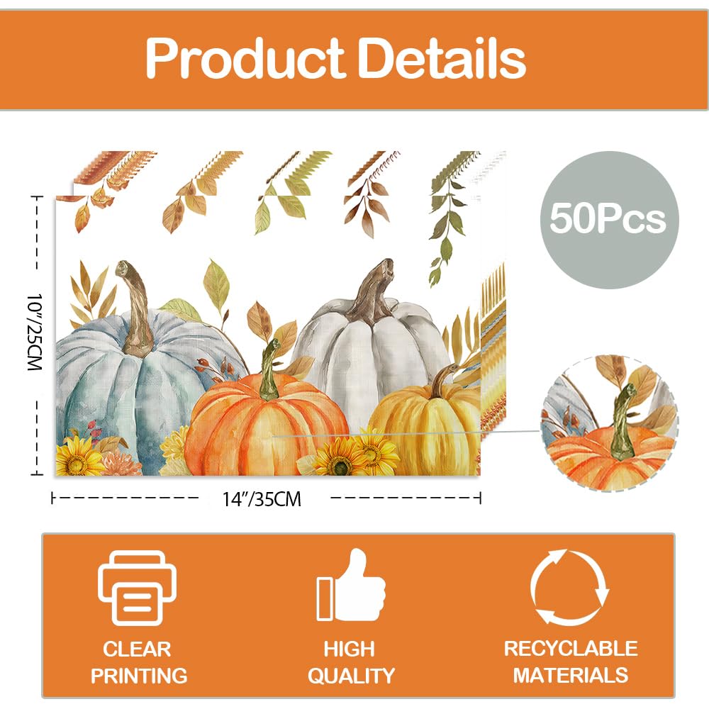 50 Pack Pumpkin Leaves Paper Placemats Fall Autumn Harvest Paper Placemats 10x14 Inch Seasonal Autumn Thanksgiving Disposable Placemat for Holiday Farmhouse Indoor Outdoor Home Party Dining Decoration