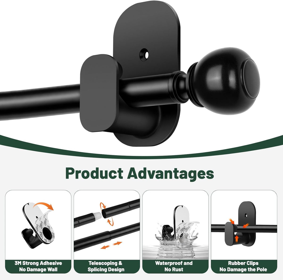 USFOOK No Drill Curtain Rods - 48 to 84 Inches | 5/8 Inch Adhesive Drapery Rod with Round Finials