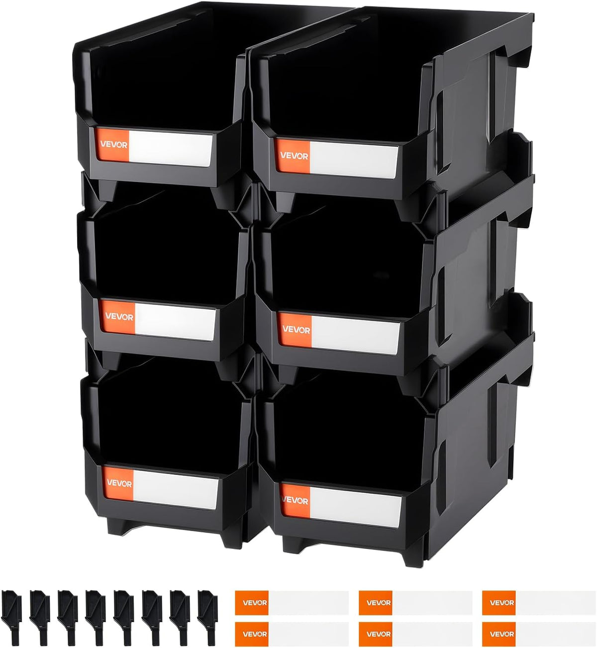 VEVOR Stackable Plastic Storage Bins - 6 Pack, 14.8 x 8.5 x 7.1 Inch, Ideal for Organizing Closet, Garage & Office Supplies - Black