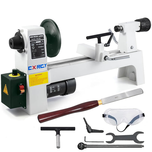 CXRCY Wood Lathe, 8" x 12" Mini Benchtop Wood Lathe Machine 1/3 HP Infinitely Variable Speed 750-3200 RPM with 2 Tool Rests, Lathe Chisel, Goggle for Woodworking, Woodturning