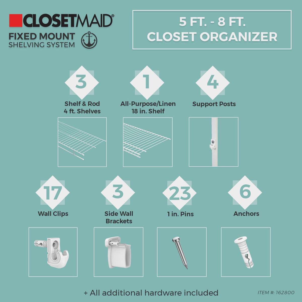 ClosetMaid Wire Closet Organizer System, Adjustable from 5 to 8 Ft., with Shelves, Hardware, Durable Steel, Fixed Mount Installation, White