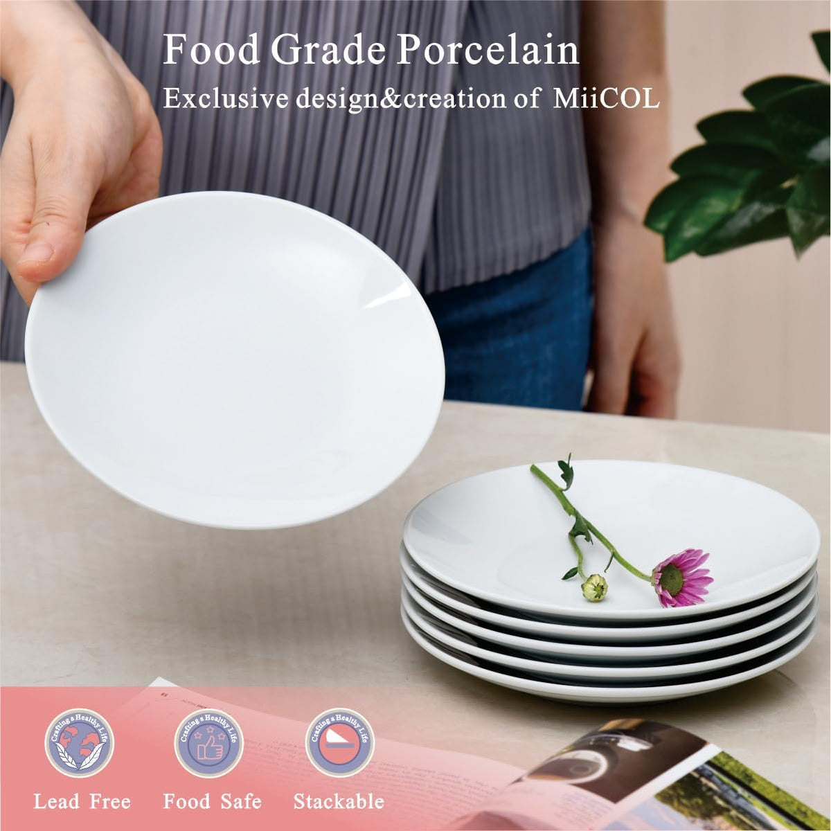 Miicol Small Dessert Plates Set of 6, Ceramic White Appetizer Plates 6 Inch, Mini Porcelain Serving Plate for Cake, Bread, Salad, Snack