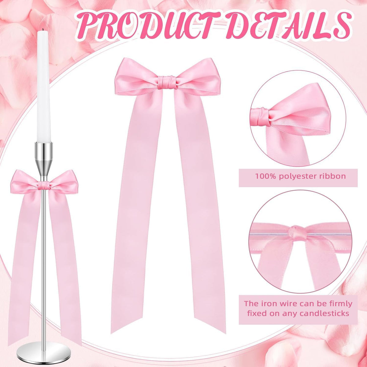 Regine Switzerland 16-Piece Pink Candlestick Bow Set - 13-Inch Ribbon Decor for Weddings & Parties