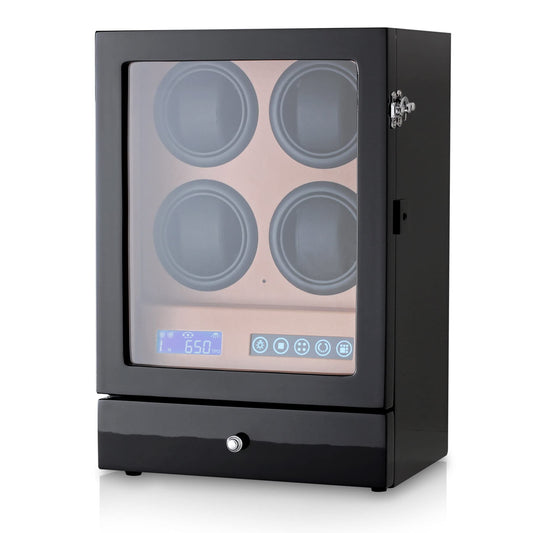 Automatic Watch Winder with LED Light, Storage Drawer and LCD Touchscreen Control (Black + Brown)