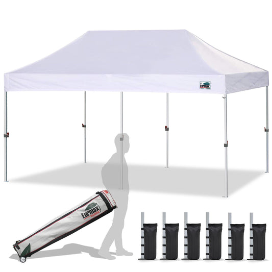 Eurmax USA 10x20ft Pop Up Canopy, Commercial Instant Tent for Outdoor Events, Patented No-Tip Rolling Storage Bag with 6 Sandbags,UV & Water Resistant,Heavy Duty Portable Shelter Gazebo,White