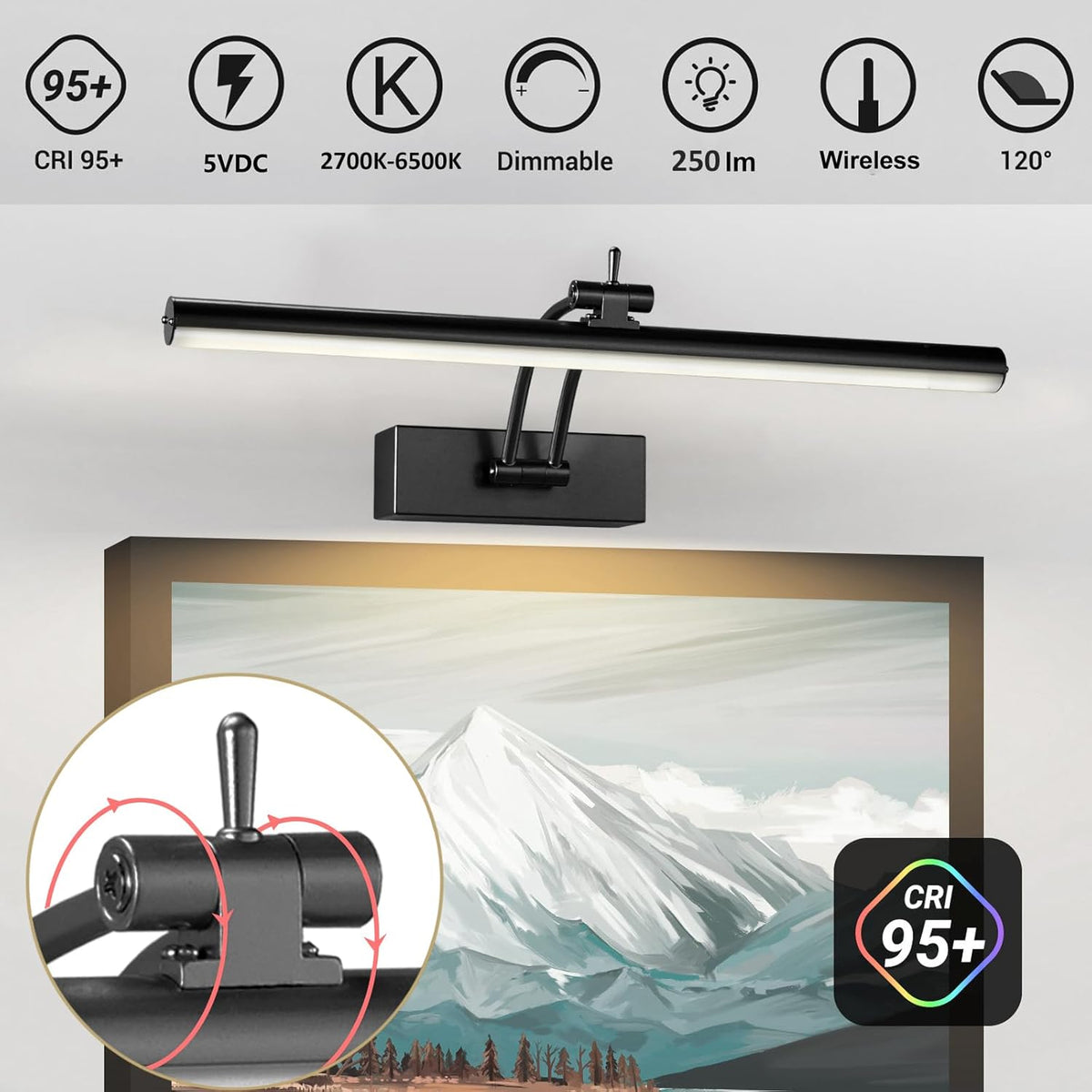 Yuichoy Picture Lights - 12 Inch Wireless Art Lighting with Remote | Dimmable Battery Operated, Black