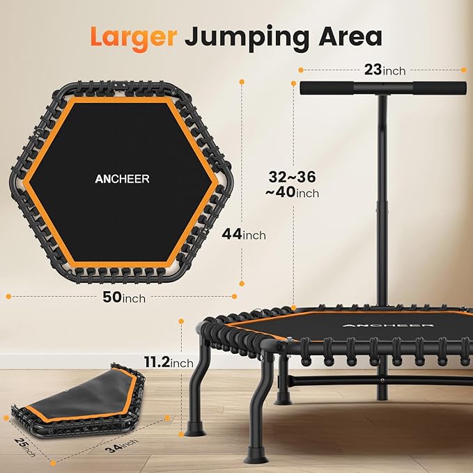 ANCHEER 50" Rebounder Trampoline for Adults- 2025 Foldable Mini Trampoline with Bar- Exercise Trampoline for Adults, Max Load 560lbs, for Indoor/Garden Workout