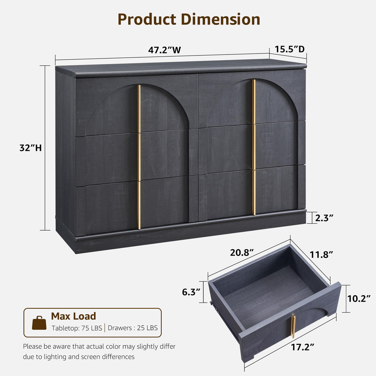 ACCOHOHO Arched Dresser for Bedroom with 6 Drawers, 47.3" Wide Modern Chest of Drawers with Rounded Edge & Metal Handles, Wood Storage Closet Dressers TV Stand for Living Room, Hallway, Black