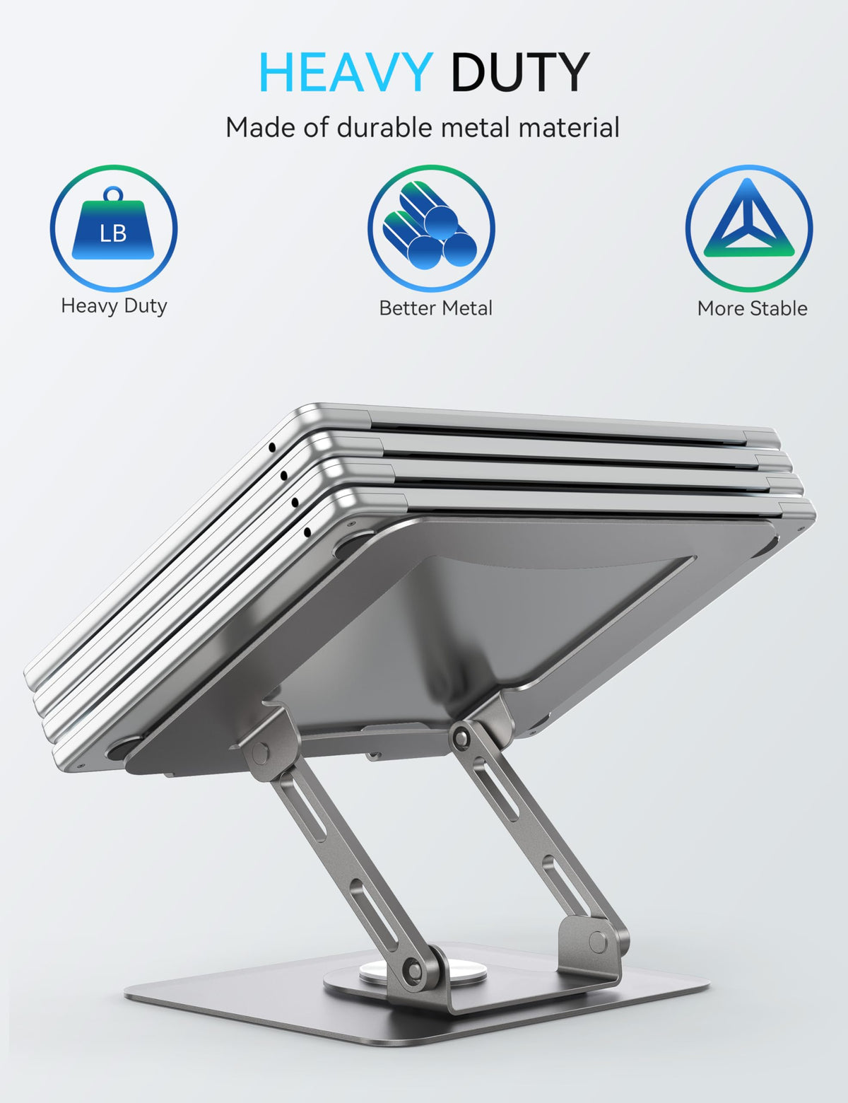 SOUNDANCE 360 Rotating Laptop Stand, Ergonomic Computer Riser for Desk, Adjustable Height Multi-Angle Metal Holder, Foldable Portable Notebook Elevating Base for Office & Home, Silver Grey
