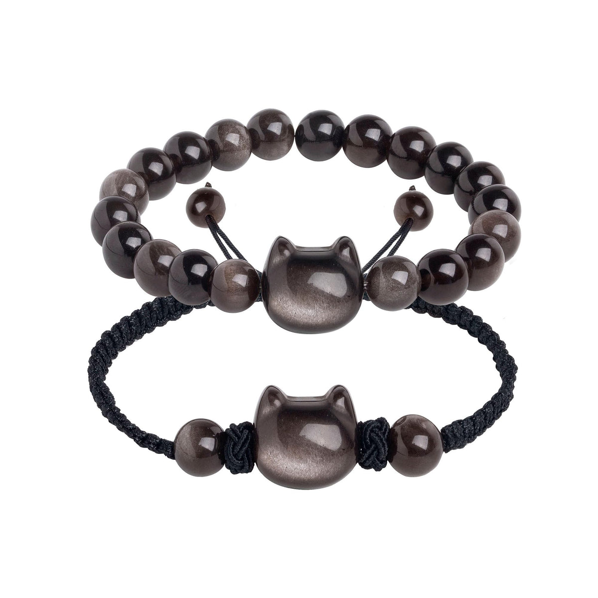 Black Obsidian Cat Bracelet and Moon Pendant Necklace Jewelry Set-Cat Lover Gifts,Wealth Attraction,Good Luck,Bead Bracelet,Mindfulness,Beaded Bracelets, Obsidian Pendant Necklace-Cute Gifts for Women (Black-Bead Cat Face-Strand Cat Face)