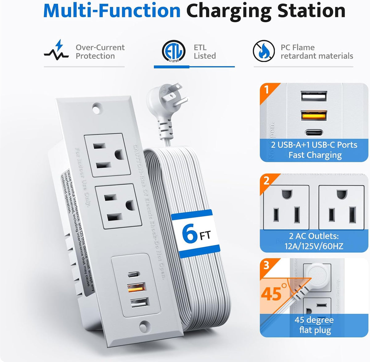 DOACE 18W Table,2 Outlets,3 Ports,6ft 45 Recessed Power Strip with USB C Fast Charging Conference Recessed
